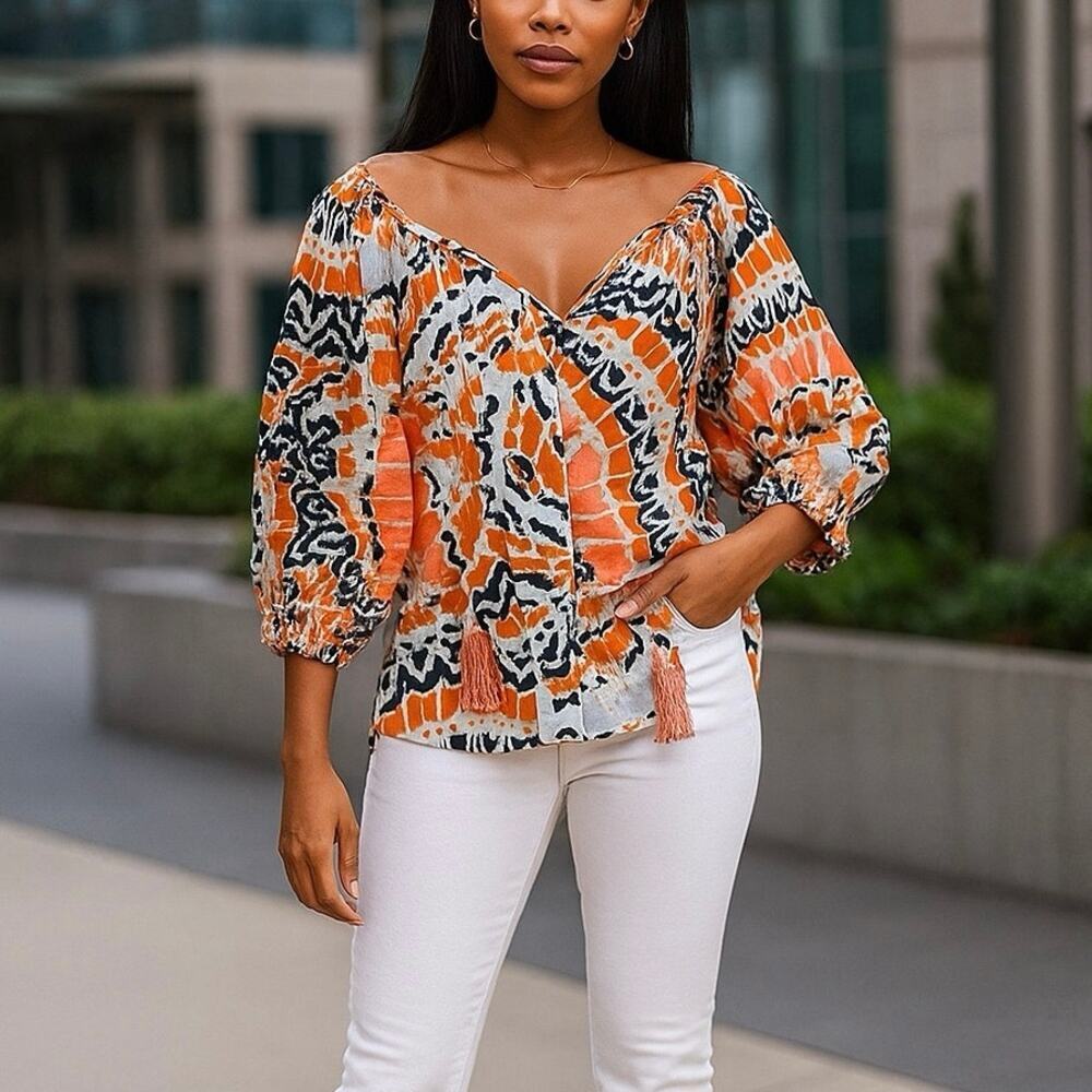 Marie Oliver Printed Puff Sleeve V-Neck Blouse Top Orange/Black/Blue Women's 1
